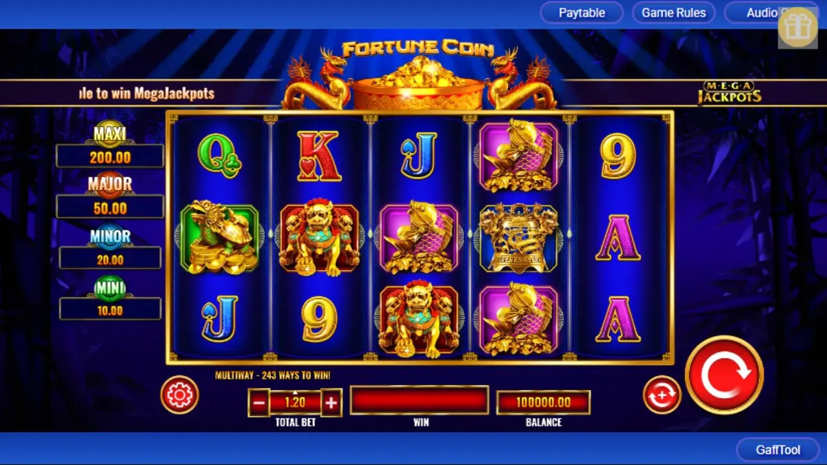 Interface do jogo de slot Fortune Coin Mega Jackpot com símbolos asiáticos