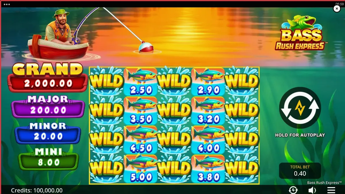 Interface do jogo de slot Bass Rush Express com tema de pesca